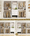 Hella Spacious Wood Closet System With Integrated Mirror Cabinet And Four Deep Storage Drawers Paired With Four Top Shelf Hanging Rods Plus Effortlessly Adjustable Shelves For Real Life Needs with three modular units displaying organized clothing.