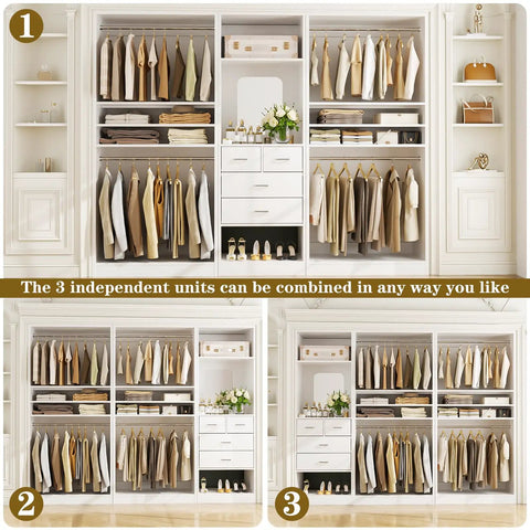 Hella Spacious Wood Closet System With Integrated Mirror Cabinet And Four Deep Storage Drawers Paired With Four Top Shelf Hanging Rods Plus Effortlessly Adjustable Shelves For Real Life Needs with three modular units displaying organized clothing.