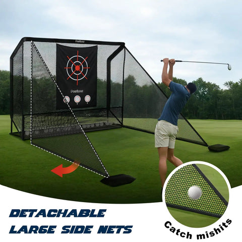 Golfer using Heavy Duty Golf Hitting Net Cage 10x7ft with Steel Frame and Dual Side Barriers for backyard practice