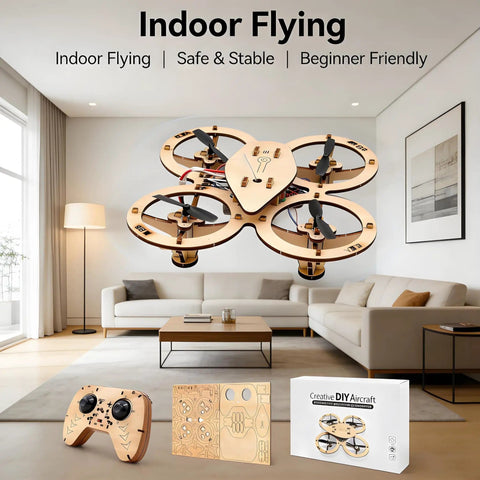 Wooden RC Drone Kit With Snap Together Design No Glue Needed Beginner Friendly Remote Control Quadrotor in living room