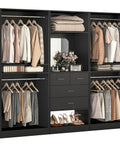 Spacious 97 Inch Closet System With Integrated Mirror And Four Deep Drawers Heavy Duty Wood Wardrobe Rack featuring hanging clothes and adjustable shelves.