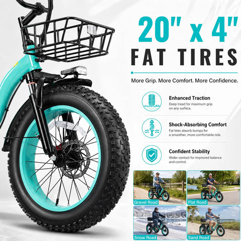 Two Seater Electric Trike For Adults With Passenger Seat And Foldable Frame 1350W Peak Motor 48V 15.6Ah Battery 20x4 fat tire front wheel