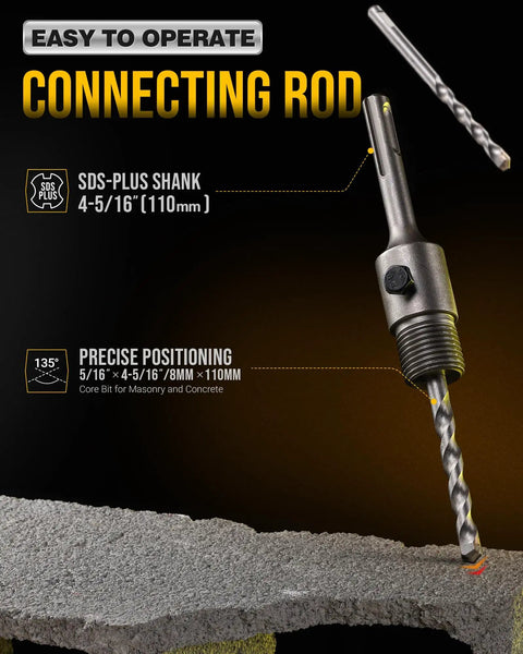 Professional 15 Piece Concrete Hole Saw Kit with 110 mm SDS Plus shank connecting rod in action, shown with masonry surface.