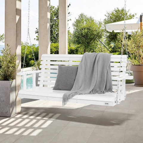 Weatherproof Wooden Porch Swing 5.5 Foot With Dual Cup Holders Heavy Duty 880 Lbs Outdoor Hanging Bench Swing with pillow and blanket