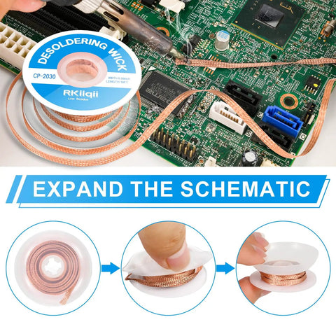 Desoldering Solder Wick Braid Kit With Flux, 3 Size Spools 0.08, 0.1, and 0.12 Inch, 10 Feet Each, No Clean Low Residue Coated shown on PCB