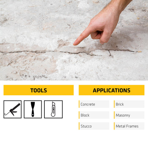 Hand pointing at a crack on concrete surface, highlighting usage of Concrete Fix Elastic Sealant For Cracks And Joints, Paintable Polyurethane In Limestone