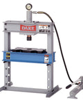 Manual Hydraulic Bench Press, 10 Ton Capacity, Beefy Shop Press With 23 Inch Long, 18 Inch Wide, 36 Inch High Table In H Frame, Adjustable Height For Large Items, Movable Workhead For Off Center Pressing, Single Speed Hand Pump, Release Valve shown in gray and blue with hand pump and pressure gauge, designed for heavy-duty metal forming.