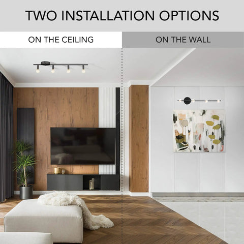 Monroe 4 Light Slim Profile Track Lighting Matte Black Finish with adjustable heads, shown on ceiling and wall installation.