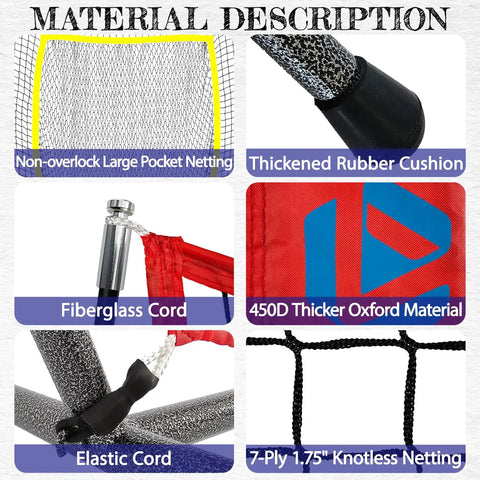 Material components of 7x7 Foot Baseball Practice Net With Tee And Target For Backyard Training Large Hitting And Pitching Net With Yellow Border Target Pocket For Improved Accuracy Scratch Resistant Base Versatile For All Levels Red
