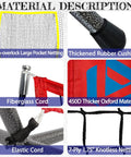 Material features of 7x7ft Baseball Practice Net With Strike Zone And Large Pocket Target, including fiberglass cord and thick fabric.