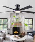 52 Inch Flush Mount Ceiling Fan With Built In Rgb Lights And Dimmable Warming Glow Featuring Brushless Reversible Motor With Six Adjustable Speeds And Low Profile Slim Frame Perfect For Modern Lounges Or Friday Night Kickbacks In Crisp Matte Black in a stylish living room.