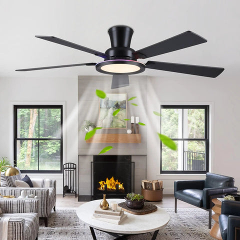 52 Inch Flush Mount Ceiling Fan With Built In Rgb Lights And Dimmable Warming Glow Featuring Brushless Reversible Motor With Six Adjustable Speeds And Low Profile Slim Frame Perfect For Modern Lounges Or Friday Night Kickbacks In Crisp Matte Black in a stylish living room.