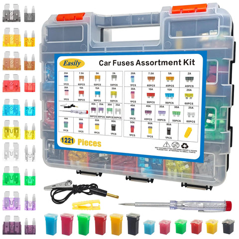 Heavy Duty Straight Up Automotive Fuse Assortment Kit Featuring 1221 Pieces Mini Standard Tall Blade Fuses organized in a durable case.