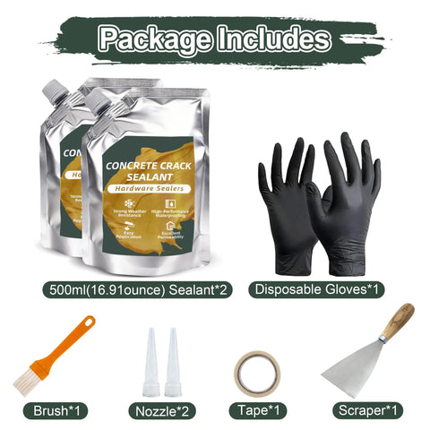 Self Leveling Concrete Crack Filler for Driveways and Patios, Heavy Duty All Weather Elastic Sealant, 500ML 2 Pack with accessories