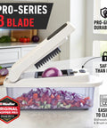 Real Original Pro 10 in 1 Vegetable Chopper and Mandoline Slicer with 8 Blades in use slicing onion into container