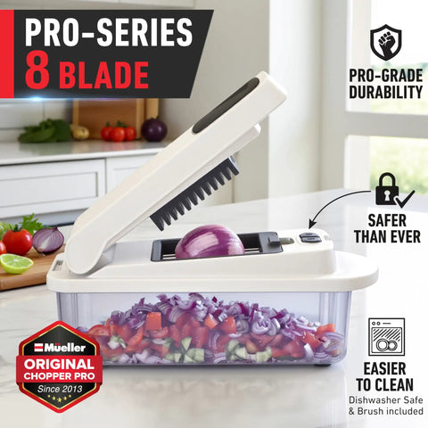 Real Original Pro 10 in 1 Vegetable Chopper and Mandoline Slicer with 8 Blades in use slicing onion into container