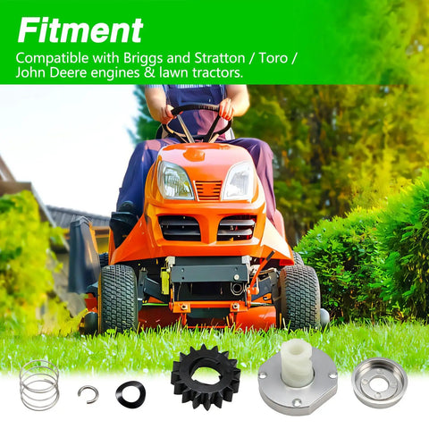 Starter Drive Kit With 16 Teeth Drive Gear That Fits Briggs And Stratton Stens Rotary Engines And Lawn Tractors Replacement Part Numbers 497606 696541 435 859 9854 shown with a lawn tractor