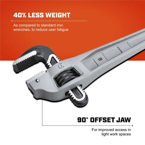 Pro Grade Aluminum Pipe Wrench 18 Inch Offset Jaw Heavy Duty Plumbing Tool with Quick Adjust 2 Start Pitch