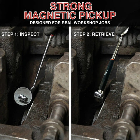 2-In-1 Inspection Mirror With Telescopic Reach From 6.7 To 28.3 Inches And 8-Lb Magnetic Pickup, Dual-Sided 2-Inch Mirror With 360 Rotation, Must-Have Lightweight Grab-And-Go Tool For Hard-To-Reach Spots And Easy Small Item Retrieval