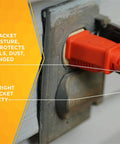 Bright Orange Outdoor Extension Cord Built Tough With Weatherproof Vinyl Jacket For Visibility And Safety Sixteen Gauge Three Conductor Outdoor Rated Heavy Duty Molded Plug Waterproof And Rainproof 100 Foot Length plugged into outdoor outlet