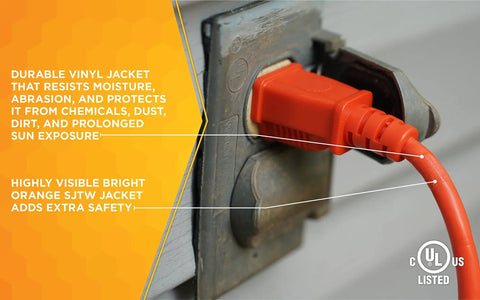 Bright Orange Outdoor Extension Cord Built Tough With Weatherproof Vinyl Jacket For Visibility And Safety Sixteen Gauge Three Conductor Outdoor Rated Heavy Duty Molded Plug Waterproof And Rainproof 100 Foot Length plugged into outdoor outlet