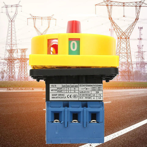 Up To 32A Rotary Switch With 3 Pole 2 Position Disconnect Rotary Cam Selector for industrial power control, close-up front view