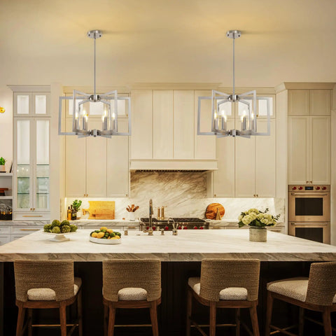 Top Tier Six Light Modern Metal Geometric Chandelier In Sleek Brushed Nickel above a kitchen island in a farmhouse style.