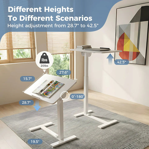 Adjustable Bedside Table With Pneumatic Lift And Hidden Wheels Portable Space Saving Mobile Standing Desk in home office setting.