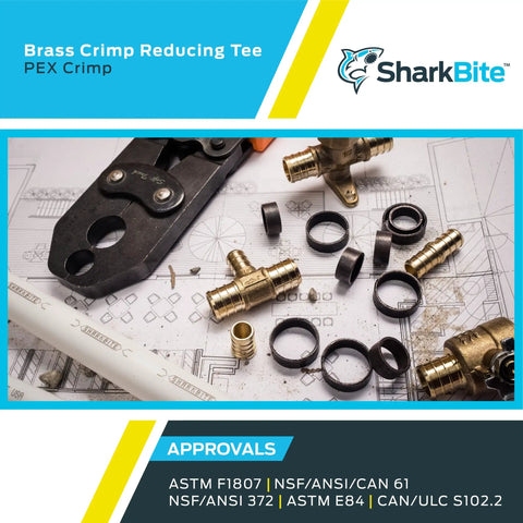 Brass Crimp Reducing Tee For PEX And PE-RT Pipe Systems, 3/4 In X 3/4 In X 1/2 In, Pack Of 10 with crimp rings and tool
