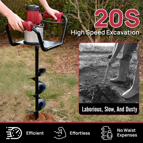 Person using 1500W Electric Post Hole Digger With 6 Inch Digging Bit And Extension Rods For Farmland And Garden Projects