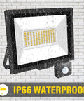 JUDYSSY Security Lights Induction Led Flood Light with Adjustable Pir Sensor, Warm,150W，Nature-10W，Nature-10W mounted on wall with rain effect.