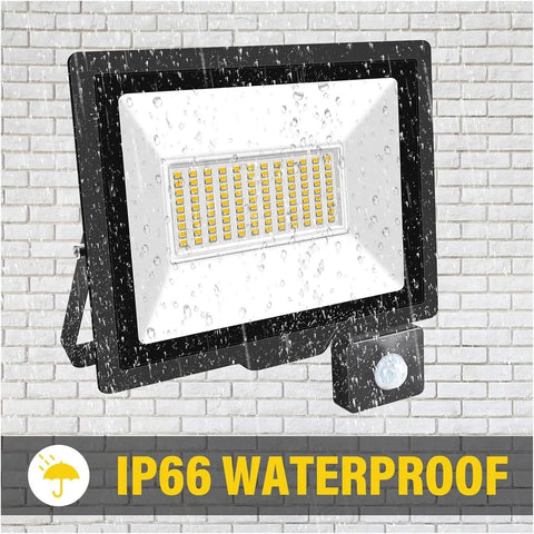 JUDYSSY Security Lights Induction Led Flood Light with Adjustable Pir Sensor, Warm,150W，Nature-10W，Nature-10W mounted on wall with rain effect.