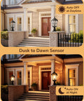 Large Size Dusk To Dawn Outdoor Post Light With Photocell Sensor, 21.9 Inch Tall Hardwired Pole Lamp, shown mounted on porch