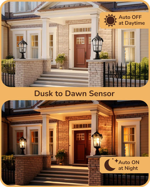Large Size Dusk To Dawn Outdoor Post Light With Photocell Sensor, 21.9 Inch Tall Hardwired Pole Lamp, shown mounted on porch