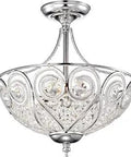 Chrome and Crystal Three Light Semi Flush Ceiling Lamp with Polished Metal Finish, crystal accents, and swirling design