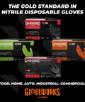 Various Gloveworks nitrile disposable glove boxes in different colors and sizes, showcasing industrial use options.