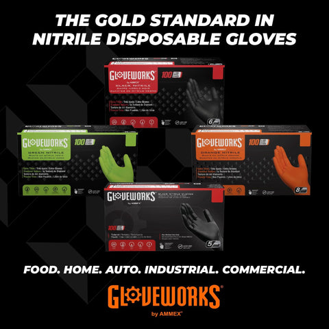Various Gloveworks nitrile disposable glove boxes in different colors and sizes, showcasing industrial use options.