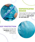 Close-up of blue disposable lab coat with hook and loop closure, elastic wrist, water-resistant; features Disposable Lab Coats For Adults, Large Blue, Pack Of 10, Lightweight 40 GSM Polyethylene Polypropylene Fabric, Hook And Loop Front Closure, Elastic Wrists, No Pockets, Ideal For Grab And Go Healthcare Tasks.