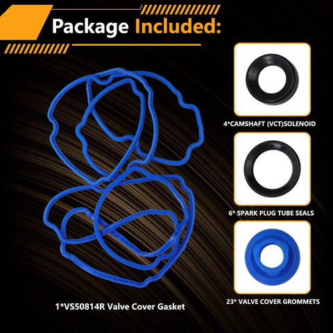 Package contents of Valve Cover Gasket Set Compatible With Ford Edge Explorer F150 Mustang Transit 150 250 350 And Lincoln MKT MKX MKZ MKS Mobility MV1 2011 2020 Premium Direct Fit Gasket Kit For V6 Engines showing gaskets and seals.