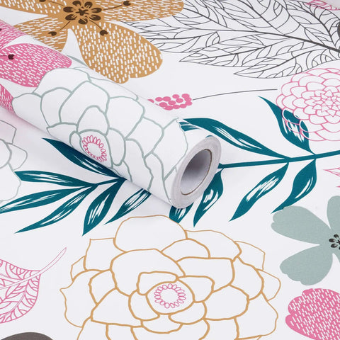 Floral Peel And Stick Wallpaper With Perennial Blooms Self Adhesive And Removable Vinyl Waterproof For Bathroom And Cabinets 17.71 Inches By 118 Inches Totally Easy To Install And Reposition No Residue, rolled sheet close-up.