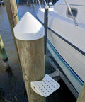 Boat Dock Step Single Step Boarding Platform Aluminum With Powder Coat Finish Post Mount Dock Accessory Built To Last With Stainless Steel Lag Bolts For A Solid Pier Post Mount And A Two Year Warranty With Easy Versatile Height Positioning on dock post beside boat