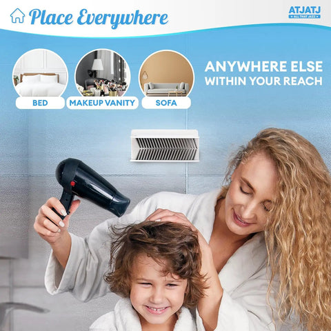 Large White Shower Hair Catcher With Flexible Silicone Bristles Works As Ultimate Drain Protector For Bathrooms Kills Clogs Dead Cold Keeps Pipes Sleek No More Costly Plumber Runs Or Sticky Gunk near a hairdryer in a bathroom setting.