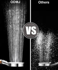 Comparison of Filtered Shower Head With High Pressure Hard Water Filter and standard shower head, showing spray difference
