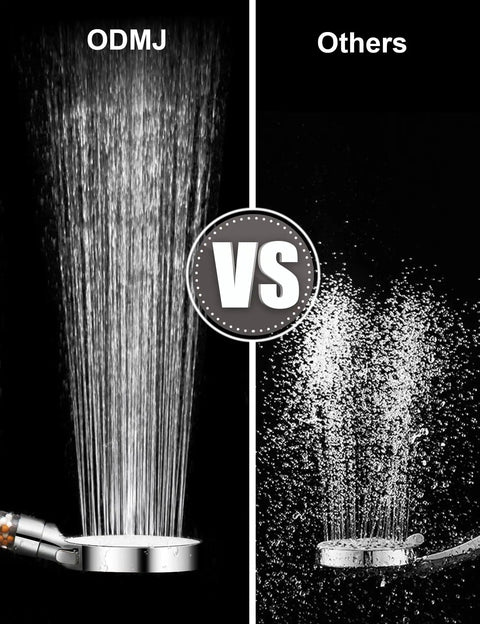 Comparison of Filtered Shower Head With High Pressure Hard Water Filter and standard shower head, showing spray difference