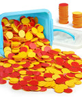 Two Sided Red And Yellow Counting Chips 1000 Piece Set in a blue container, showing colorful educational counting tiles.