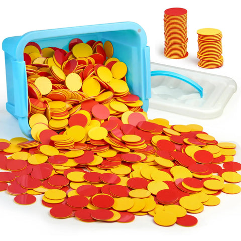 Two Sided Red And Yellow Counting Chips 1000 Piece Set in a blue container, showing colorful educational counting tiles.