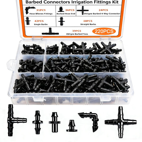 Two Hundred Twenty Piece Drip Irrigation Kit With One Quarter Inch Tubing Fittings in compartmentalized storage box