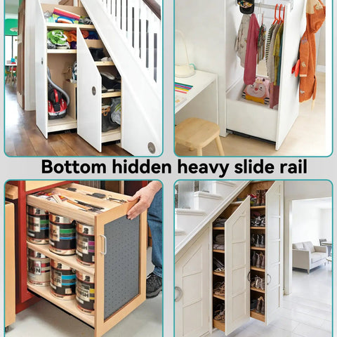 Beefy Undermount Drawer Slides 260 Lb Load Capacity 16 Inch 1 Pair Full Extension Ball Bearing Concealed Bottom Mount Rails in use under stair and base cabinets