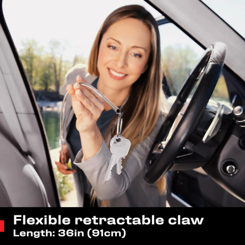 Multipurpose Pickup Tool Set With 36 Inch Flexible Claw Grabber shown retrieving keys from car interior.