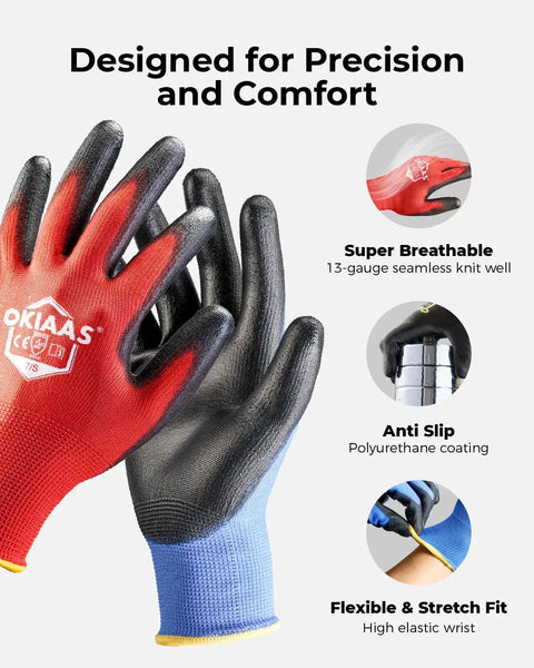 Ultra Thin Lightweight Work Gloves With Grippy Polyurethane Coating For Light Duty Construction 12 Pair Bulk Pack Durable Safety Gloves With EN388 2016 Certification shown with grip detail